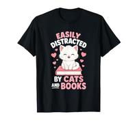 Easily Distracted By Cats and Books Cute Adorable Bookworm T-Shirt