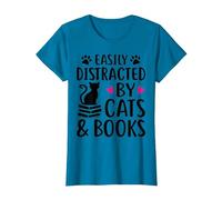 Easily Distracted by Cats and Books - Cute Cat & Book Lover T-Shirt, Women, Sapphire Blue, X-Small