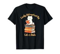 Easily Distracted by Cats and Books Cute Cat Reading Bookish T-Shirt