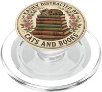 Easily Distracted by Cats and Books Lover Librarian Bookish PopSockets PopGrip for MagSafe