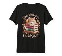 Easily Distracted By Cats and Books Tabby On Book Stack Premium T-Shirt