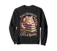 Easily Distracted By Cats And Books Tabby On Book Stack Sweatshirt