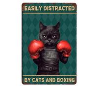 Easily Distracted By Cats And Boxing Tin Signs Plaque Eerily Realistic Cat Party Decorations Strong Facial Expression Decorative Wall Art Hotel Room Bohemian Wall Art Decor Red Boxing Gloves 12"X 8"