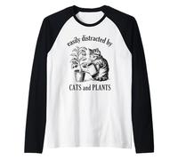 Easily Distracted by Cats and Plants Cat Mom Gardener Raglan Baseball Tee
