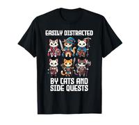 Easily Distracted by Cats and Side Quests Funny Gamer T-Shirt