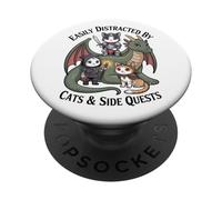 Easily Distracted by Cats and Side Quests Gamer Cat Dragon PopSockets Adhesive PopGrip