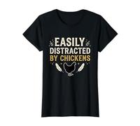 Easily Distracted by Chickens Chicken Farmer Humor Value Graphic T-Shirt, Women, Black, L