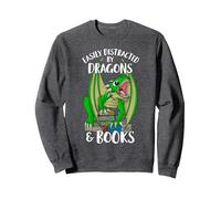 Easily Distracted By Dragons and Books Sweatshirt, Adult Unisex, Dark Heather Grey, XX-Large