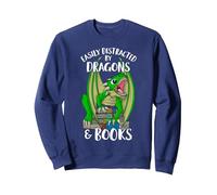 Easily Distracted By Dragons and Books Sweatshirt, Adult Unisex, Navy Blue, Medium