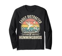 Easily Distracted by Hummingbirds Retro Sunset Floral Long Sleeve T-Shirt
