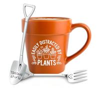 Easily Distracted By Plants Mug, Funny Gardening Gift with Shovel Spoon & Fork, Plant Lover Coffee Cup for Women, Mom, Grandma, Unique Teacher Appreciation and Birthday Gift