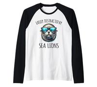 Easily Distracted By Sea Lions Funny Sealion Girls Boys Kids Raglan Baseball Tee