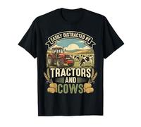 Easily Distracted by Tractors and Cows Funny Farmer Ranching T-Shirt