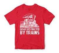 Easily Distracted by Trains Kids T Shirt, Train Spotter Gifts for Boys Girls, Birthday Gifts for Railway Lovers, Funny Kids Truck Tee, 7-8 Years, Red