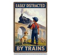 Easily Distracted by Trains Tin Sign - Train Decor for Boys Room and Men - Train Gifts for Dad and Collectors - Vintage Train Wall Decor for Train Room or Man Cave - 8x12 Inch Metal Sign