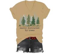 Easily Distracted by Trees Shirt, Easily Distracted by Trees T-Shirt, Classic Graphic Print Women Men V-Neck Tshirt Khaki