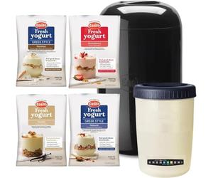 EasiYo Black Yoghurt Maker (1kg) Starter Pack | Includes 4 Sachets of Yogurt Greek Style Natural, Strawberry, Vanilla and Greek Style with Coconut Bits