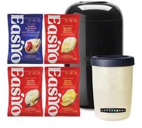 EasiYo Black Yogurt Maker Starter Pack | Includes 4 Sachets: Vanilla, Lemon, Banana & Greek Style Vanilla & Rhubarb | 1KG Yoghurt Maker | Homemade Yoghurt Kit