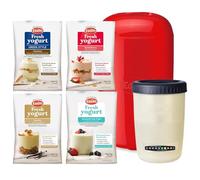 EasiYo Red Yoghurt Maker (1kg) Starter Pack | Includes 4 Sachets of Yogurt Fat Free Natural, Strawberry, Vanilla and Greek Style with Coconut Bits