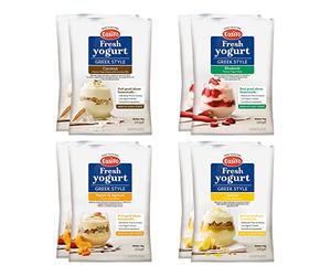 EasiYo Yogurt 8 Sachet Pack | EasiYo Greek Style Mixed Pack | 2 x Greek Style Coconut 2 x Greek Style Rhubarb 2 x Greek Style Peach & Apricot 2 x Greek Style Lemon | Each Sachet Makes 1kg of Yogurt