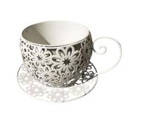 Easnea Rustic Iron Tea Cup Planters Coffee Cup Planter Teacup Flower Pot Garden Planter Vintage Succulent Plant Holder with Saucer, Funny Gardening Planter for Indoor Outdoor Use, White