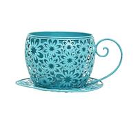 Easnea Rustic Iron Tea Cup Planters Coffee Cup Planter Teacup Flower Pot Garden Planter Vintage Succulent Plant Holder with Saucer, Funny Gardening Planter for Indoor Outdoor Use, Blue