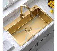 Easnuroz Kitchen Sink Gold Stainless Steel Workstation Sink Square Multiple Sizes Handmade Bar/Prep Sink, Nano Sink With Drain Kit, Easy-Clean(75 * 45 * 21cm)