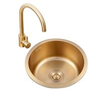 Easnuroz Stainless Steel Kitchen Sink 32/36/40cm Gold Single Bowl Kitchen Sink Gold Round Sink Topmount Single Bowl Outdoor Campervan Sink With Drainer Fittings(32cm)