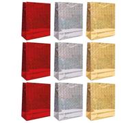 Easo Bros Pack of 9 - Festive Medium Holographic Foil Gift Bags - Reusable Metallic Shiny Party Bags with Handles - Wedding, Birthday & Christmas Presents Bags in Red, Silver & Gold