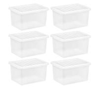 Eason Bros - 25L Crystal Clear Plastic Storage Box with Secure Lid, Pack of 6 Stackable & Nestable Storage Containers, Heavy-Duty Multipurpose Storage Box for Home Office Kitchen Garage Organisation