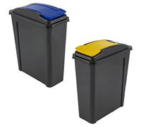 Eason Bros 25L Plastic Slimline Bin Recycled Tall Bin with Lid Waste Utility Plastic Bin Container Animal Feed Storage Bin Ideal for Kitchen Bathroom Office Garden & Cabinet (Yellow/Blue Pack of 2)