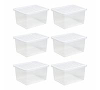 Eason Bros - 6 PACK Large Crystal Clear Plastic Storage Box with Lid - 35 Litre Strong, BPA-Free Durable & Stackable Transparent Container for Home Office Garage Kitchen Organisation - Made in UK