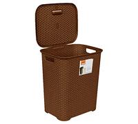Eason Bros - 65L Large Plastic Laundry Basket with Lid Knit Design Heavy Duty Virgin Plastic Drop All Laundry Hamper Washing Basket Clothes Storage Bin for Bathroom Bedroom - 43.5 x 28 x 56cm (Brown)