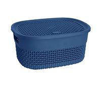Eason Bros Plastic Storage Basket With Lid and Handle Oval Shape Shelf, Bathroom Basket Knit Design Toy Box Multipurpose Plastic Organiser ETC Baskets For Shelves, Kitchen (Blue, Small - 4L)