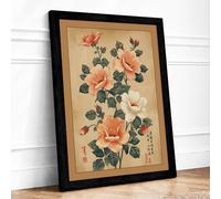 East Asian Flowering Study Japandi Framed Wall Art Print A2 (59.4×42cm) Black, Wall Decor for Living Room, Bedroom, Office & Home, Ready to Hang, Art Gift