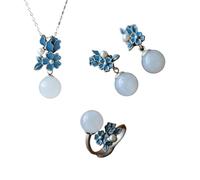 East Asian Inspired Jewelry Set Muted Green Stones Preserved Floral Motif Heritage Design for Women Cultural Gift