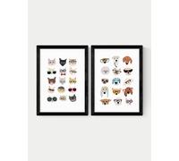 East End Prints Cats & Dogs In Glasses Twin Set Framed Art - A3 - Black, Natural,White,Black