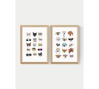 East End Prints Cats & Dogs In Glasses Twin Set Framed Art - A3 - Natural, Natural,White,Black