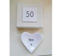 East of India 'Fifty' White Porcelain Heart Dish Gift - 50th Birthday Gift