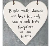 East of India Mini wooden heart on wire hanger: True Friends Live Footprints