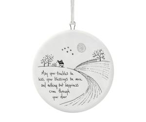 East of India Porcelain Round Hanger - May your troubles be less, your blessings be more and nothing but happiness come through your door | Keepsake Gift