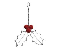 East of India Rusty Wire Christmas Hanging Holly Leaf - Red Wool Berries, Rustic Hanging Festive Decoration, Christmas Decoration, Festive Keepsake