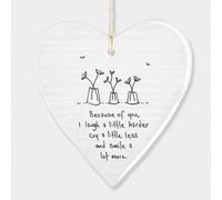 East of India Wobbly Porcelain Heart - Because of You, I laugh a little . Gift
