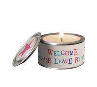 East of India Word Candle in a Tin with a Sentiment Wording Novelty Gift 89ml (Welcome, Please Leave by 9pm)