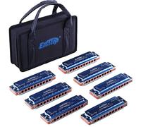 East top Harmonica set of 7, 10 Holes 20 Tones 008K Blues Harmonica, 7 Keys with Blue Case for Adults, Professional Player and Students, as Gift(7)