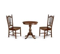 East West Furniture ESDO3-MAH-W 3 Piece Dining Table Set for Small Spaces Contains a Round Dining Room Table with Pedestal and 2 Wood Seat Chairs, 30x30 Inch, Mahogany