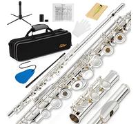 Eastar C Flutes Open Hole 16 Keys Flute for Beginner Kids Student Flute Instrument with Fingering Chart, Cleaning Kit, Stand, Carrying Case, Gloves, Tuning Rod, Silver, EFL-2