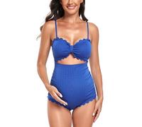 EastElegant Maternity One Piece Swimwear Back Cutout Pregnancy Bikini Scalloped Pregnant Bathing Suit, Blue, XXL