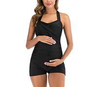 EastElegant Maternity One Piece Swimwear Retro Halter Swimsuit with Boyleg Pregnancy Bathing Suit Boyshort Black XXL
