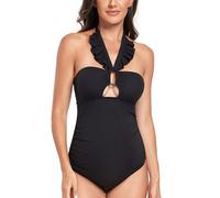 EastElegant Maternity Ruffle Ribbed Cutout One Piece Swimwear Square Ring Linked Pregnancy Bathing Suit, Solid Black, Medium